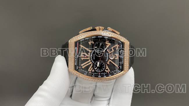 ABF厂法兰克穆勒顶级复刻手表V45黑盘金钻壳皮革表带正面实拍图