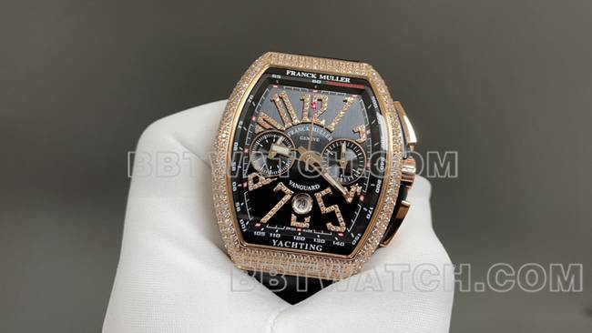 ABF厂法兰克穆勒顶级复刻手表V45黑盘金钻壳皮革表带正面实拍图