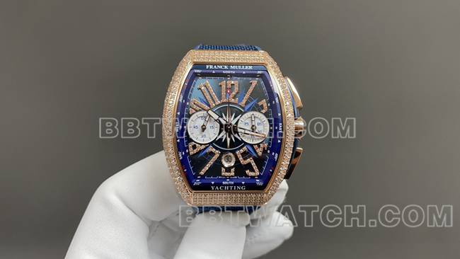 ABF厂法兰克穆勒1:1复刻手表V45蓝盘金钻壳皮革表带正面实拍图