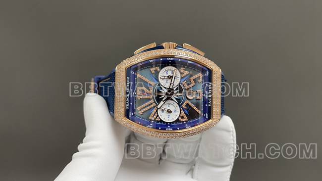 ABF厂法兰克穆勒1:1复刻手表V45蓝盘金钻壳皮革表带正面实拍图