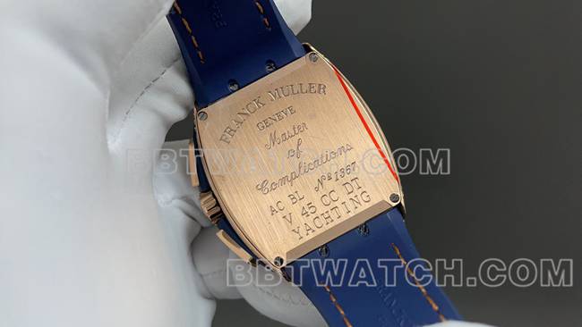 ABF厂法兰克穆勒1:1复刻手表V45蓝盘金钻壳皮革表带背面实拍图