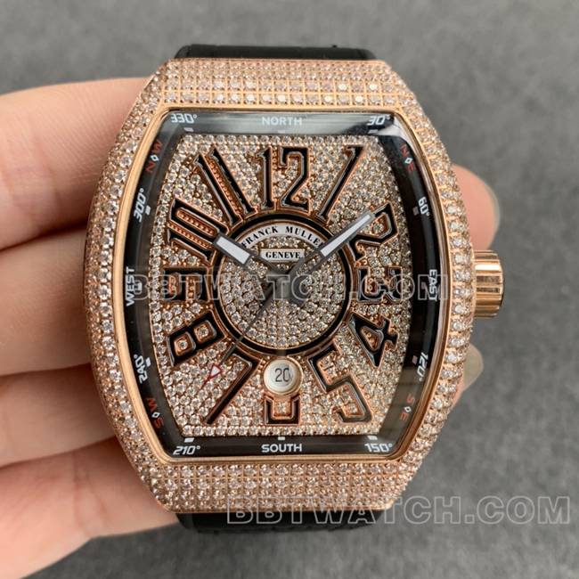 ABF厂法兰克穆勒最佳复刻手表V45钻盘金钻壳皮革表带正面实拍图