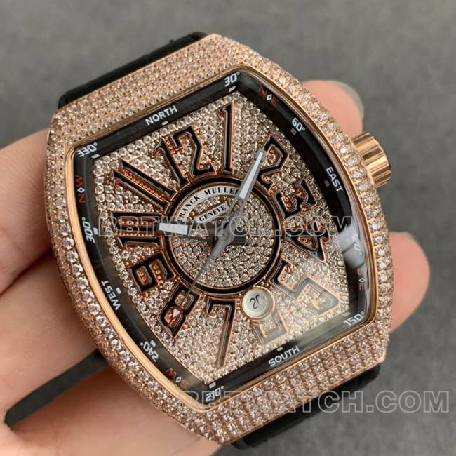 ABF厂法兰克穆勒最佳复刻手表V45钻盘金钻壳皮革表带正面实拍图