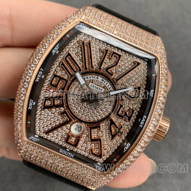 ABF厂法兰克穆勒最佳复刻手表V45钻盘金钻壳皮革表带正面实拍图