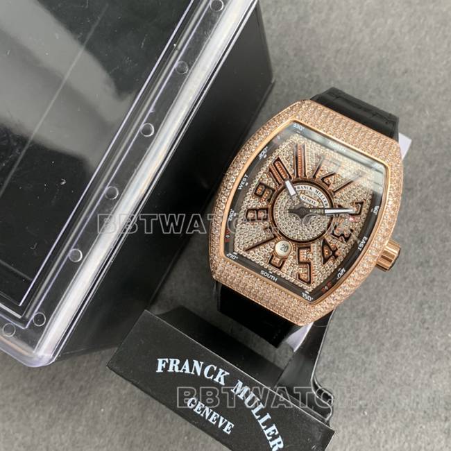 ABF厂法兰克穆勒最佳复刻手表V45钻盘金钻壳皮革表带正面实拍图