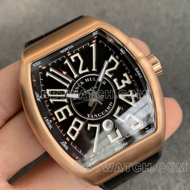 法兰克穆勒ABF厂顶级复刻手表V45黑盘金壳皮革表带正面实拍图