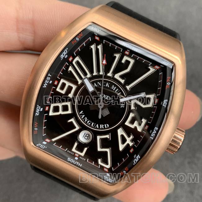 法兰克穆勒ABF厂顶级复刻手表V45黑盘金壳皮革表带正面实拍图