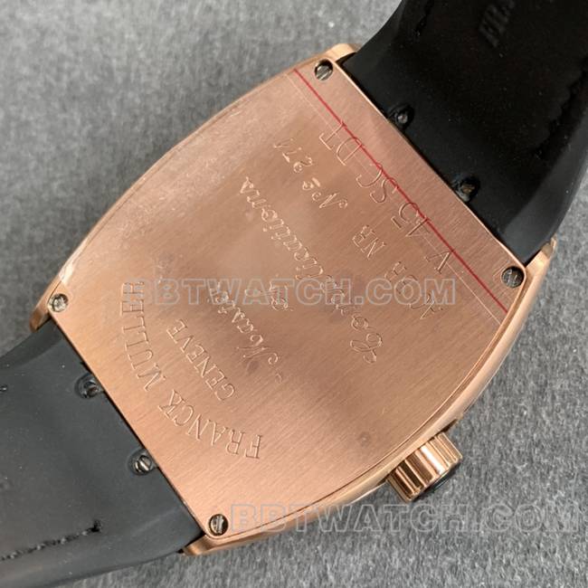 法兰克穆勒ABF厂顶级复刻手表V45黑盘金壳皮革表带背面实拍图