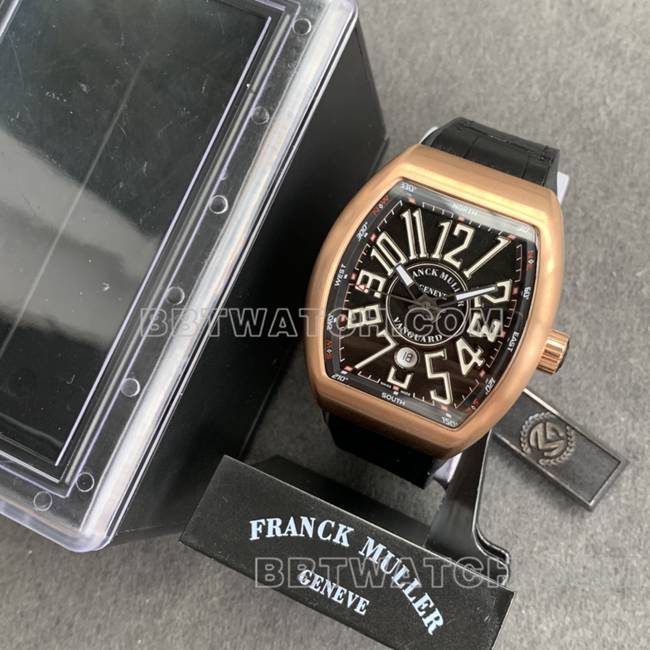 法兰克穆勒ABF厂顶级复刻手表V45黑盘金壳皮革表带正面实拍图