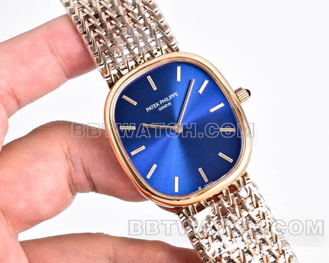 最佳复刻手表百达翡丽GOLDEN ELLIPSE蓝盘玫瑰金5738正面实拍图