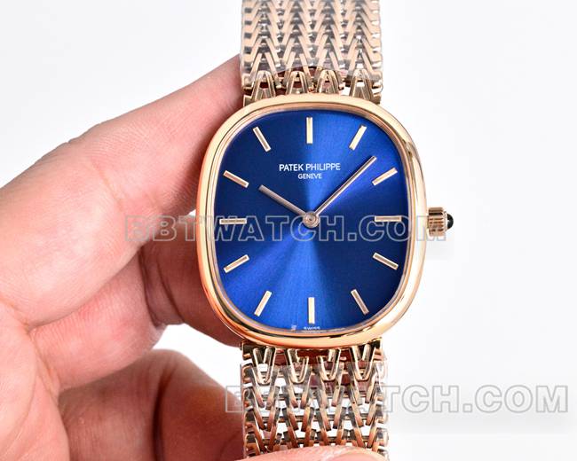 最佳复刻手表百达翡丽GOLDEN ELLIPSE蓝盘玫瑰金5738正面实拍图