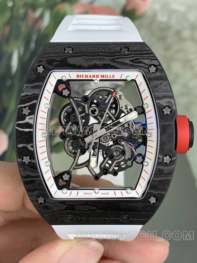 超级克隆APS厂理查德米勒碳纤维白色橡胶表带RM055正面实拍图