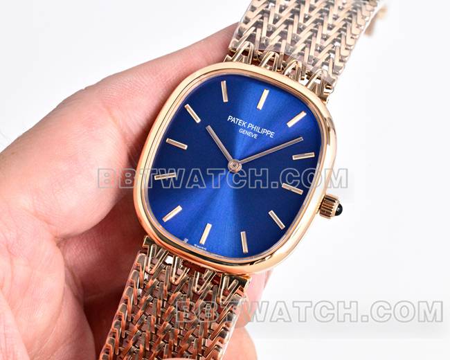 最佳复刻手表百达翡丽GOLDEN ELLIPSE蓝盘玫瑰金5738正面实拍图