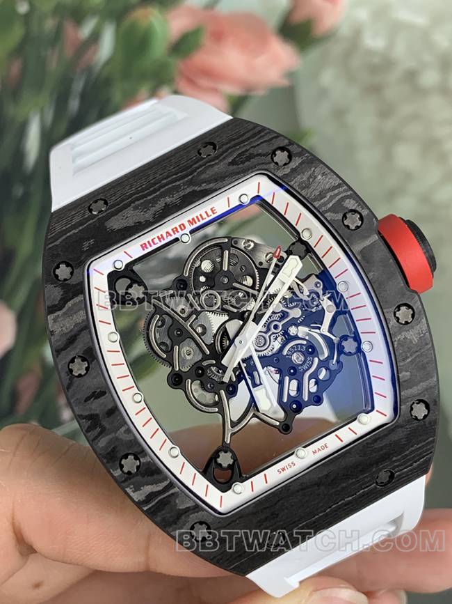 超级克隆APS厂理查德米勒碳纤维白色橡胶表带RM055正面实拍图