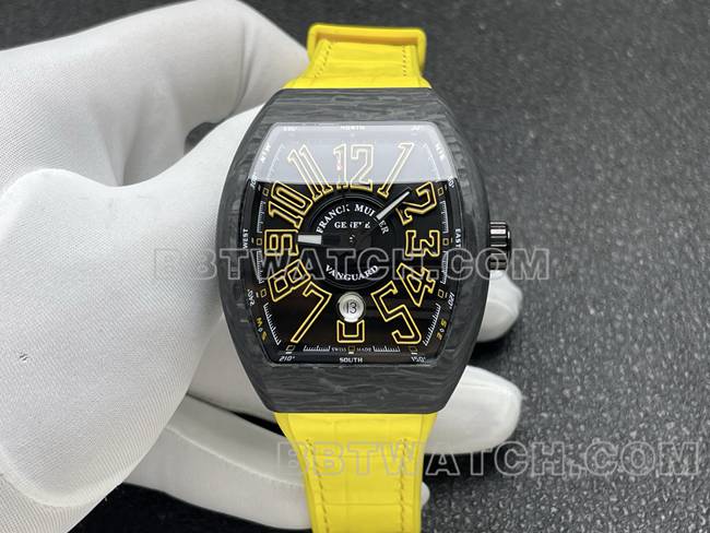 法兰克穆勒顶级复刻手表ABF厂V45黑盘黑壳黄色皮革表带正面实拍图