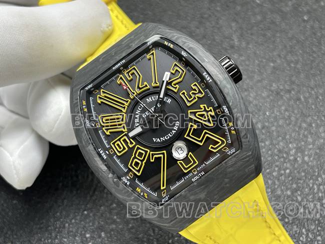 法兰克穆勒顶级复刻手表ABF厂V45黑盘黑壳黄色皮革表带正面实拍图