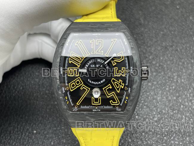 法兰克穆勒顶级复刻手表ABF厂V45黑盘黑壳黄色皮革表带正面实拍图