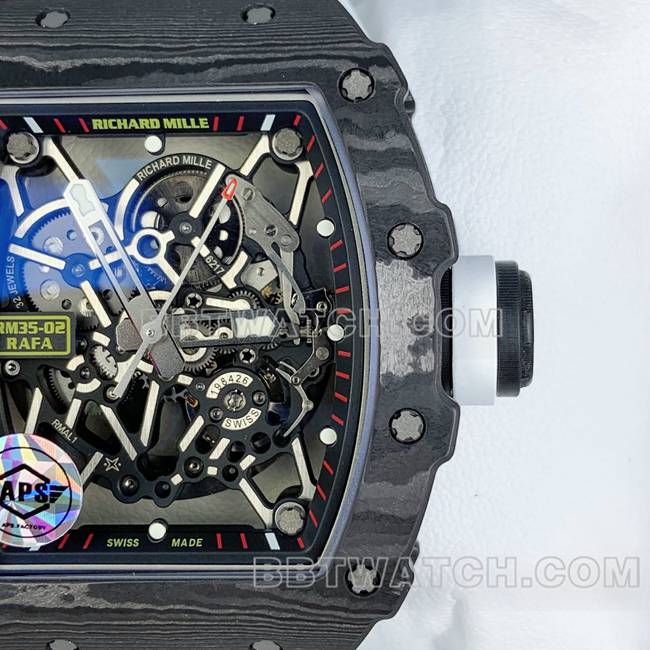 1:1复刻手表APS厂理查德米勒碳纤维白色橡胶表带RM35-02正面实拍图