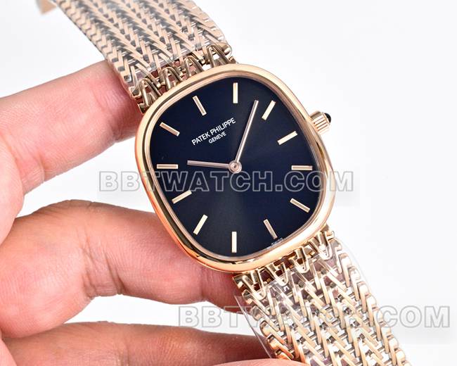 百达翡丽顶级复刻手表GOLDEN ELLIPSE黑盘玫瑰金5738正面实拍图