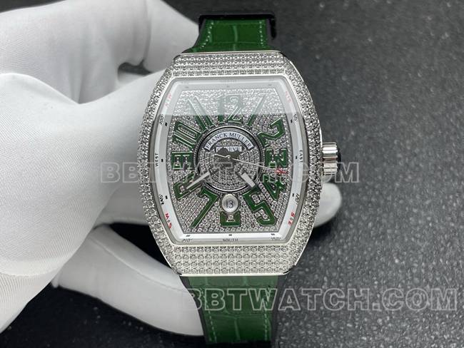 法兰克穆勒最优复刻手表ABF厂V45钻盘钻壳绿色皮革表带正面实拍图