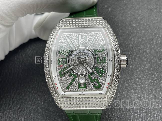 法兰克穆勒最优复刻手表ABF厂V45钻盘钻壳绿色皮革表带正面实拍图
