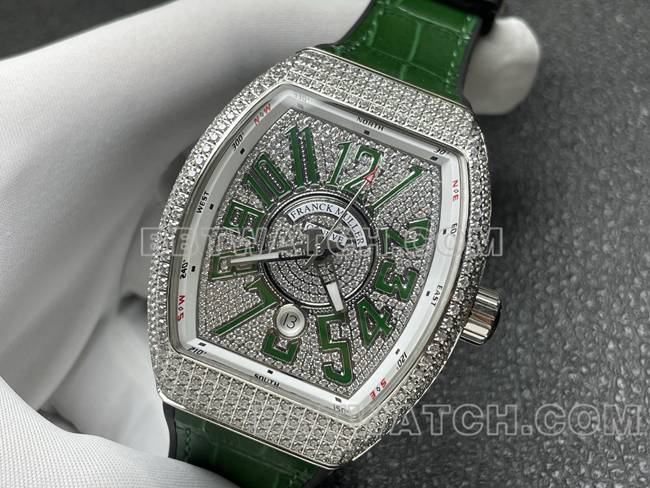 法兰克穆勒最优复刻手表ABF厂V45钻盘钻壳绿色皮革表带正面实拍图