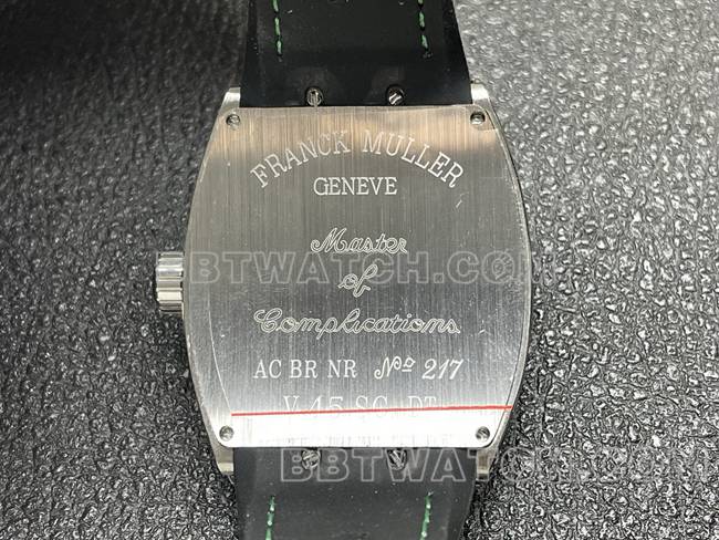 法兰克穆勒最优复刻手表ABF厂V45钻盘钻壳绿色皮革表带背面实拍图
