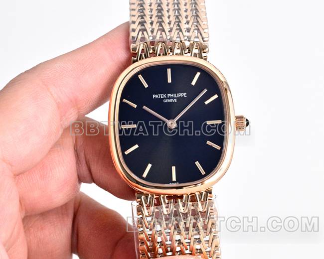 百达翡丽顶级复刻手表GOLDEN ELLIPSE黑盘玫瑰金5738正面实拍图