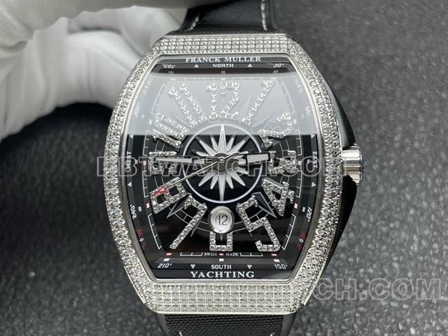 法兰克穆勒1:1复刻手表ABF厂V45黑盘钻壳皮革表带正面实拍图