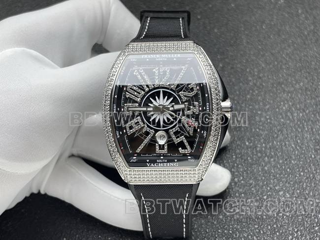 法兰克穆勒1:1复刻手表ABF厂V45黑盘钻壳皮革表带正面实拍图