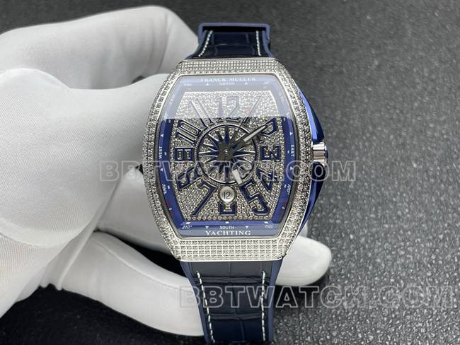 法兰克穆勒超级克隆手表ABF厂V45钻盘钻壳蓝色皮革表带正面实拍图