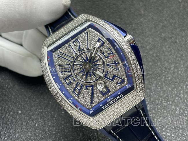 法兰克穆勒超级克隆手表ABF厂V45钻盘钻壳蓝色皮革表带正面实拍图