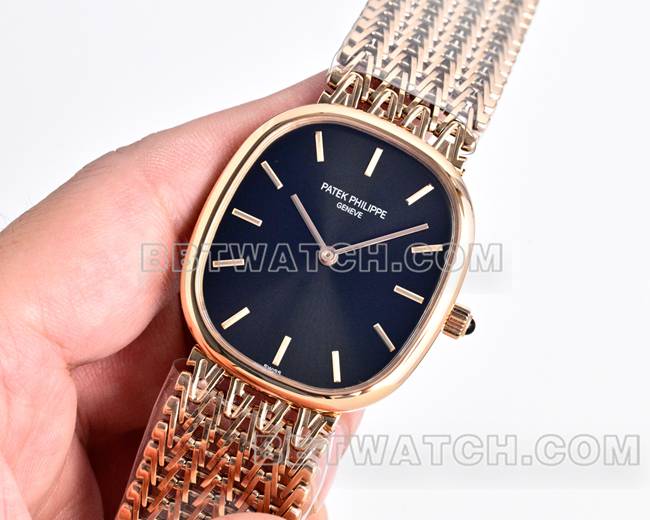 百达翡丽顶级复刻手表GOLDEN ELLIPSE黑盘玫瑰金5738正面实拍图