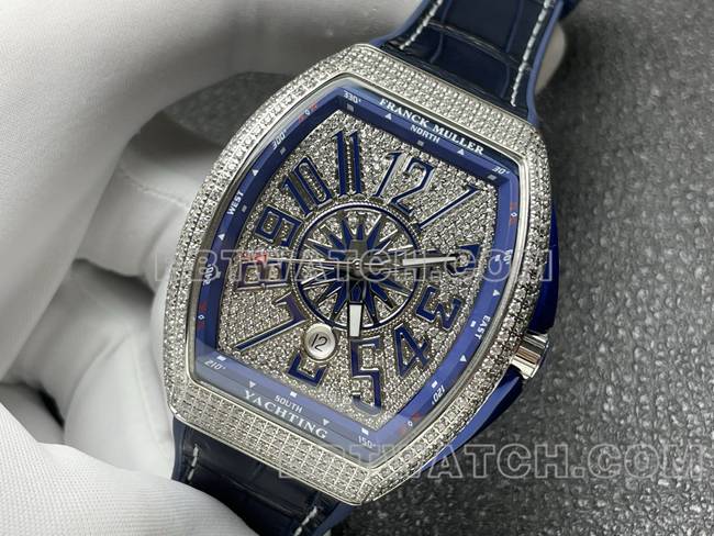 法兰克穆勒超级克隆手表ABF厂V45钻盘钻壳蓝色皮革表带正面实拍图