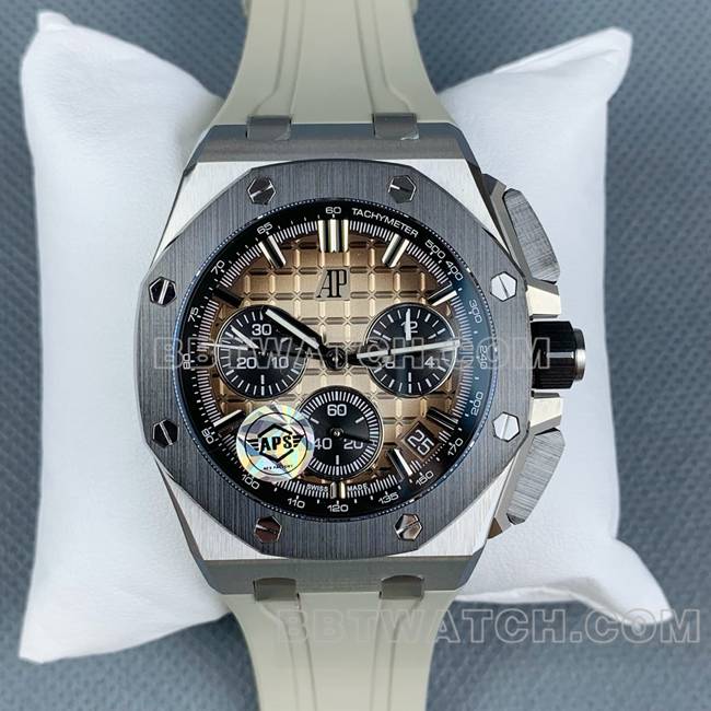 顶级复刻手表APS厂皇家橡树离岸型爱彼浅棕盘26420正面实拍图