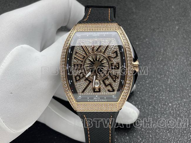 顶级复刻手表V45法兰克穆勒ABF厂钻盘金钻壳皮革表带正面实拍图