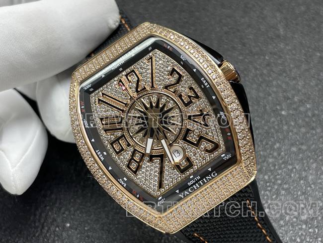 顶级复刻手表V45法兰克穆勒ABF厂钻盘金钻壳皮革表带正面实拍图