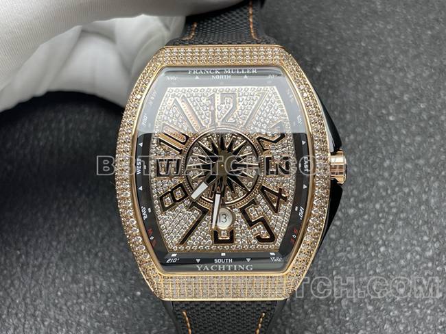顶级复刻手表V45法兰克穆勒ABF厂钻盘金钻壳皮革表带正面实拍图