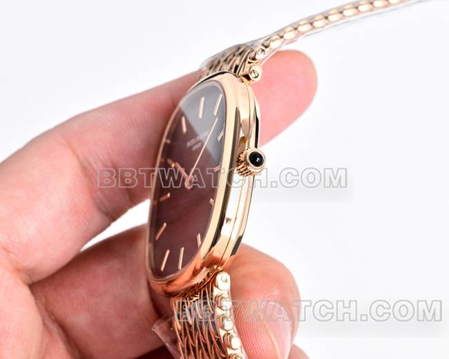 百达翡丽顶级复刻手表GOLDEN ELLIPSE黑盘玫瑰金5738侧面实拍图