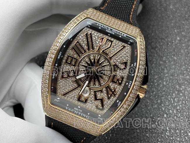 顶级复刻手表V45法兰克穆勒ABF厂钻盘金钻壳皮革表带正面实拍图