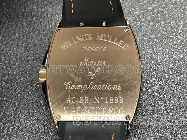 顶级复刻手表V45法兰克穆勒ABF厂钻盘金钻壳皮革表带背面实拍图