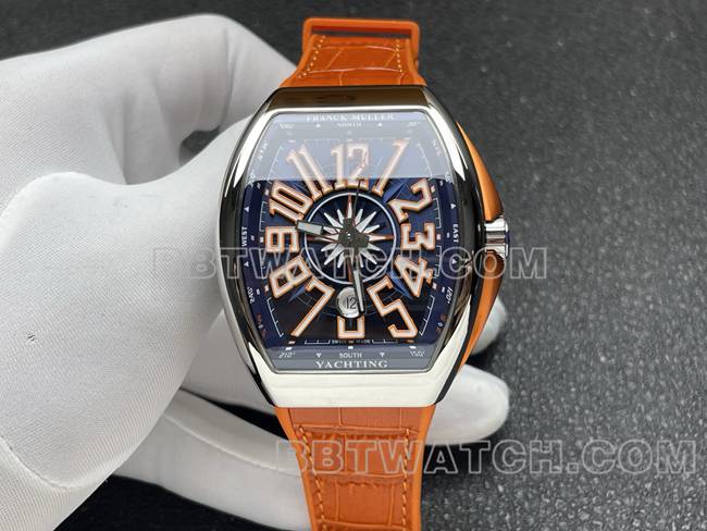 最优复刻手表V45法兰克穆勒ABF厂蓝盘橙色皮革表带正面实拍图