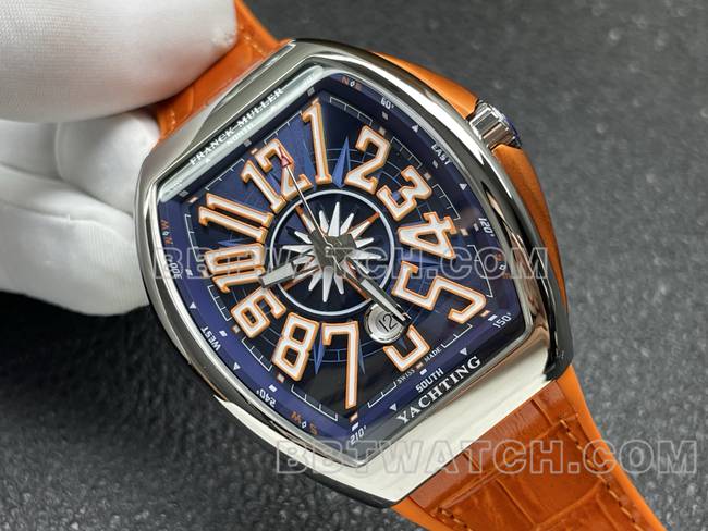 最优复刻手表V45法兰克穆勒ABF厂蓝盘橙色皮革表带正面实拍图