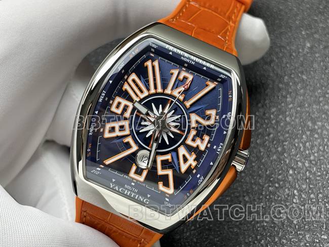 最优复刻手表V45法兰克穆勒ABF厂蓝盘橙色皮革表带正面实拍图