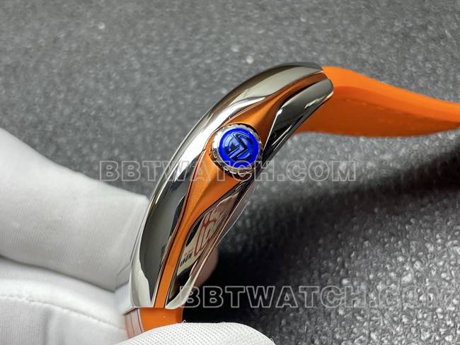 最优复刻手表V45法兰克穆勒ABF厂蓝盘橙色皮革表带侧面实拍图