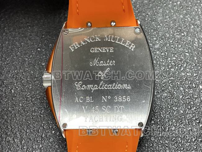 最优复刻手表V45法兰克穆勒ABF厂蓝盘橙色皮革表带背面实拍图