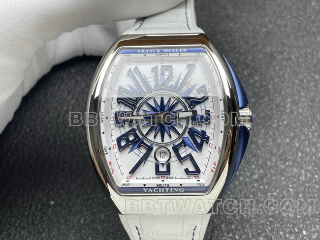 1:1复刻手表V45法兰克穆勒ABF厂白盘白色皮革表带正面实拍图