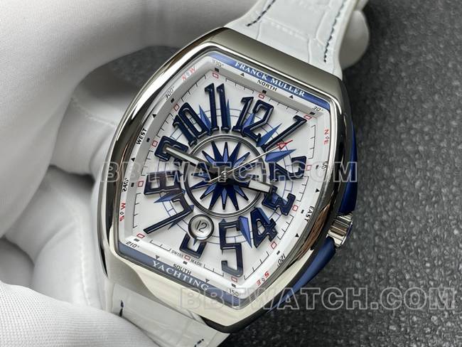 1:1复刻手表V45法兰克穆勒ABF厂白盘白色皮革表带正面实拍图