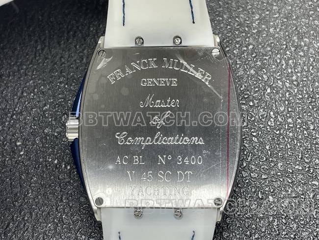 1:1复刻手表V45法兰克穆勒ABF厂白盘白色皮革表带背面实拍图