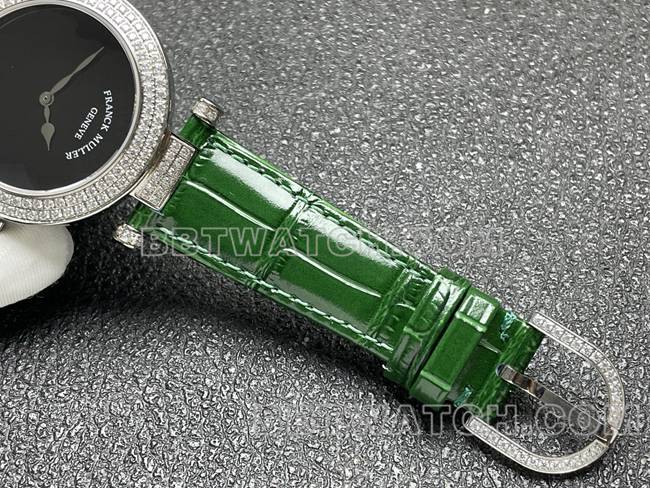 最优复刻手表法兰克穆勒石英ABF厂黑盘钻圈绿色皮革表带表带实拍图